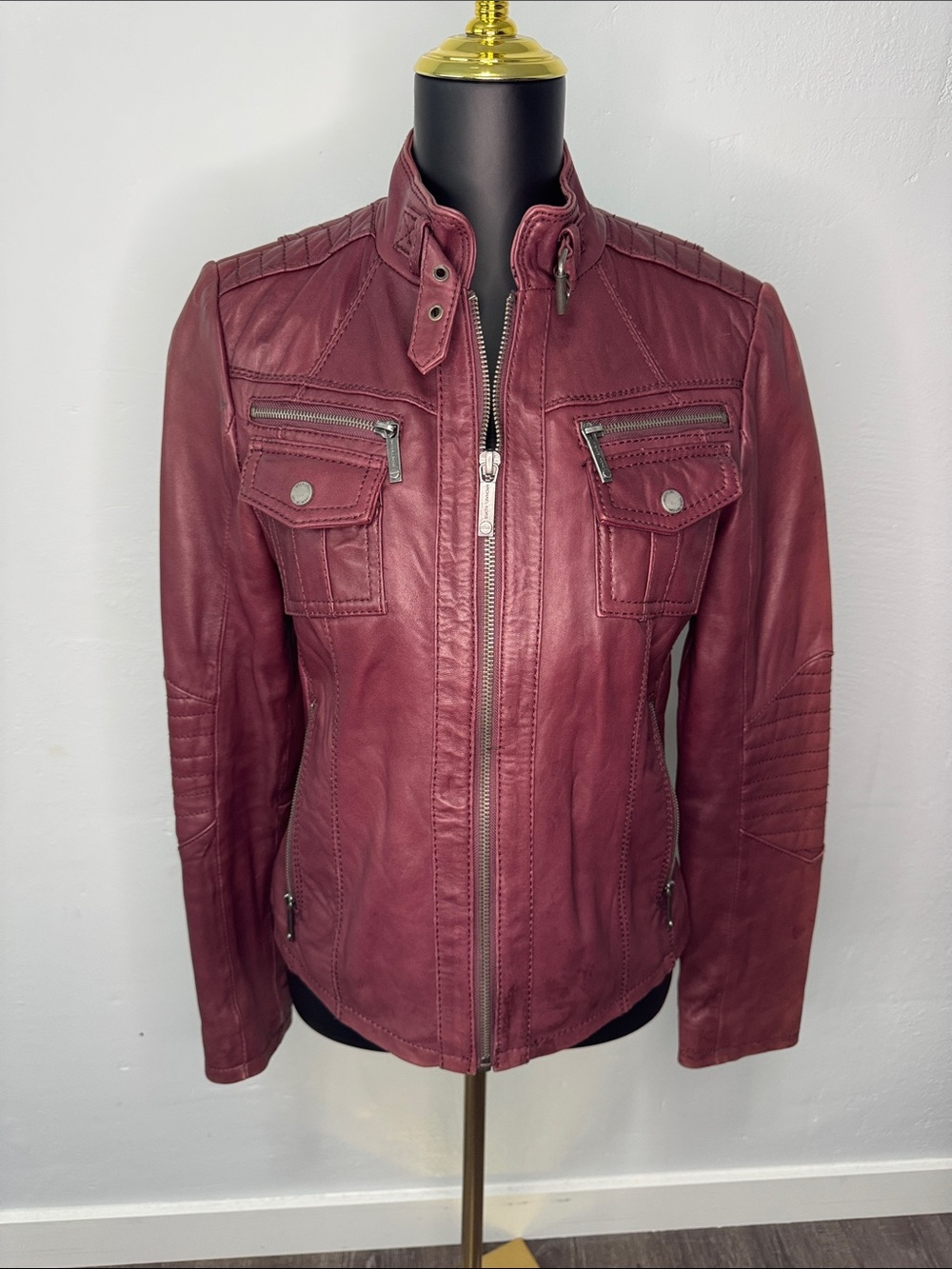 MICHAEL Michael Kors Deep Burgundy Leather Moto Jacket
